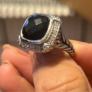 Black Onyx & Diamond Cushion Cut Ring Sterling Silver 9.25 by Ralph Lauren